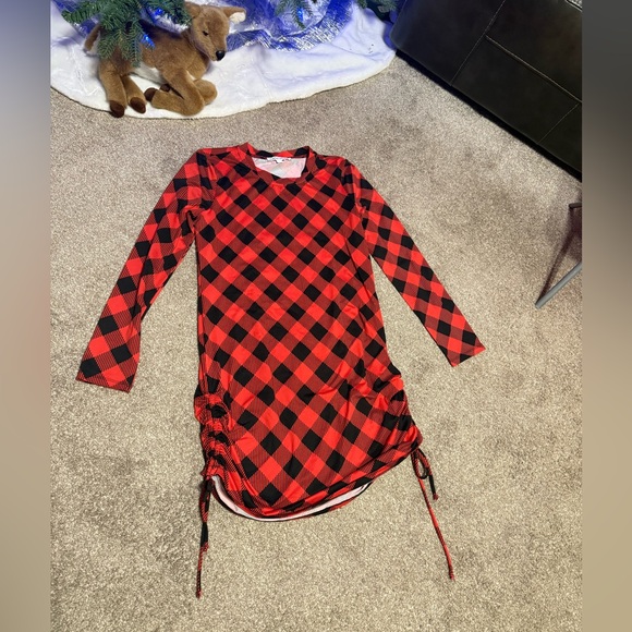 Red Buffalo Plaid Long Sleeve Holiday Dress Ruched Tie Sides Size Large - Picture 2 of 6